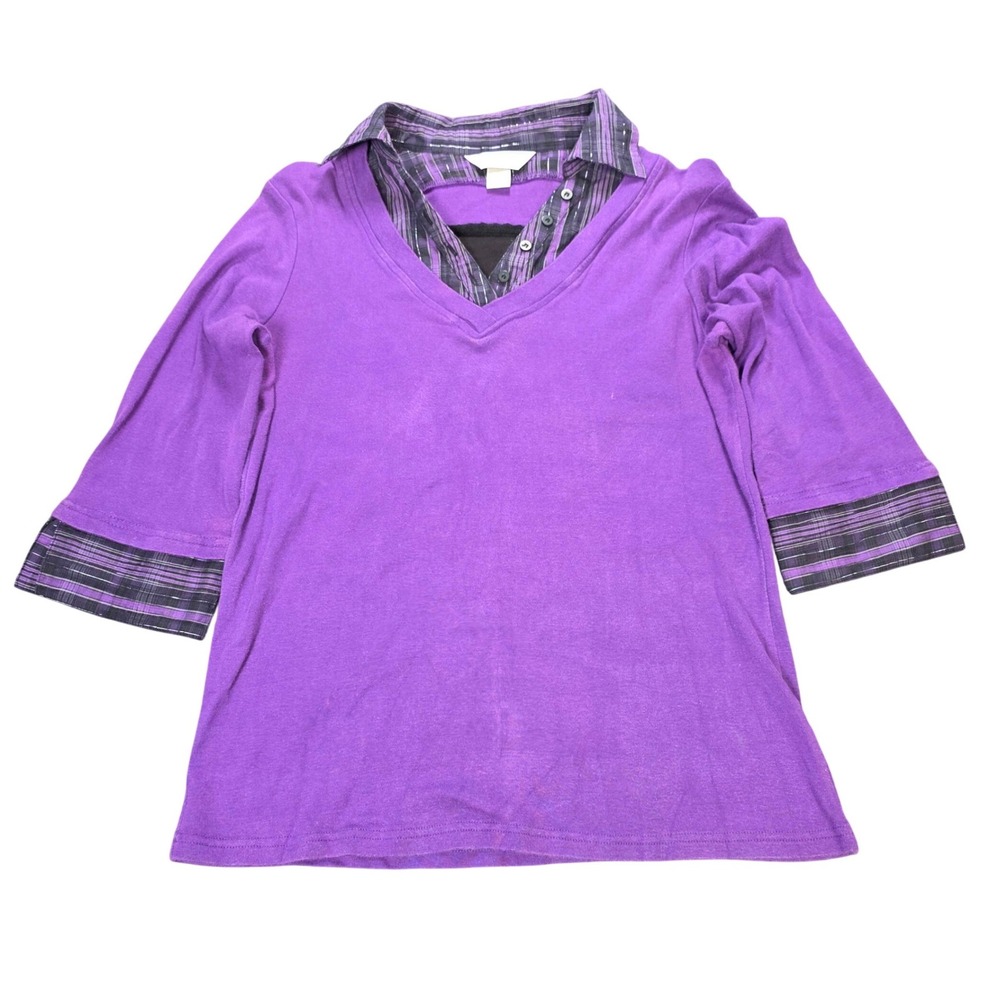 Christopher &‎ Banks 3/4 Sleeve Cotton Top Women's M Purple Plaid Layered Look